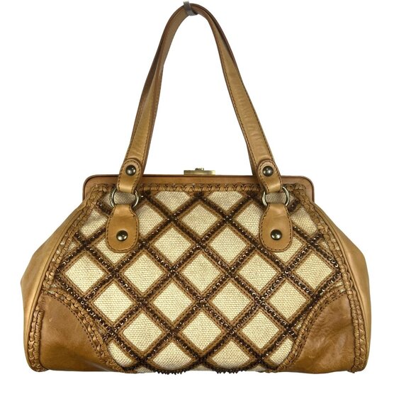 VTG Isabella Fiore Starry Safari Wanda Beaded Satchel Handbag Leather Canvas - Picture 11 of 13